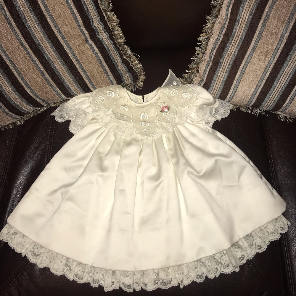 Vintage Ivory Girls Dress With Lace Trimmings